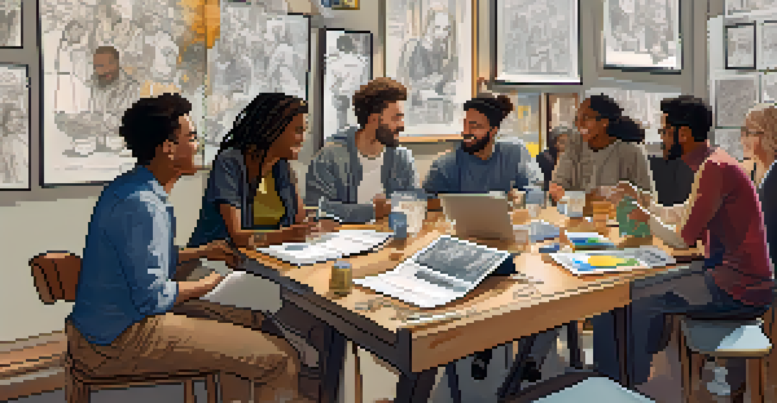 A diverse group of individuals enthusiastically discussing art projects at a crowdfunding event, surrounded by sketches and laptops.