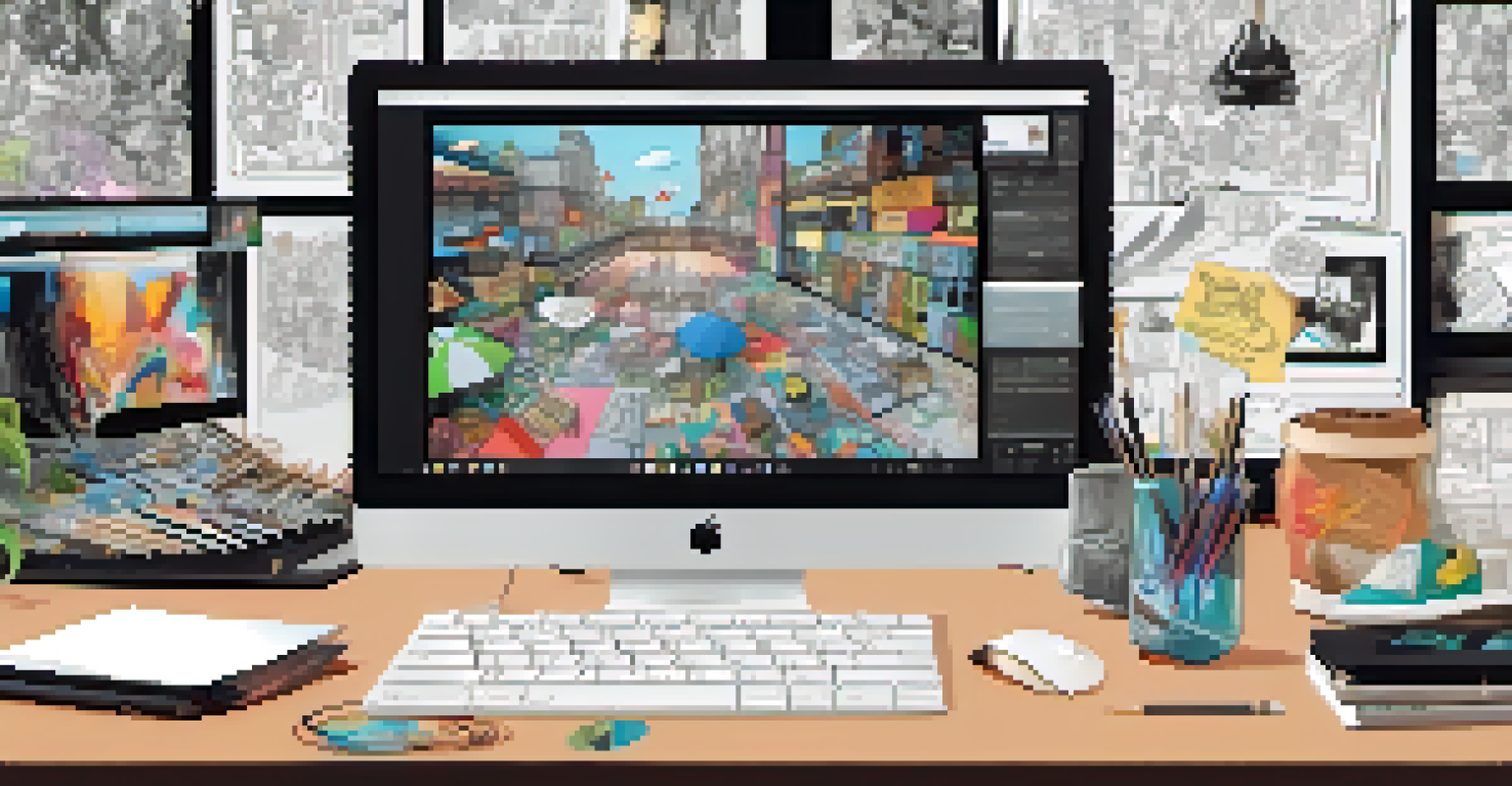 A close-up of a digital collage artwork displayed on a computer screen, surrounded by sketches and notes in a creative workspace.