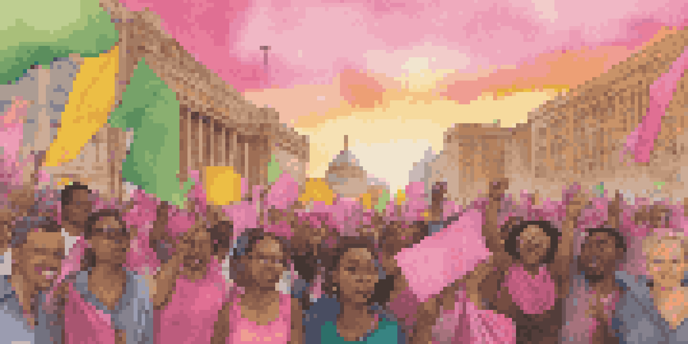 A lively political rally with diverse protesters holding colorful signs, set against a sunset cityscape.