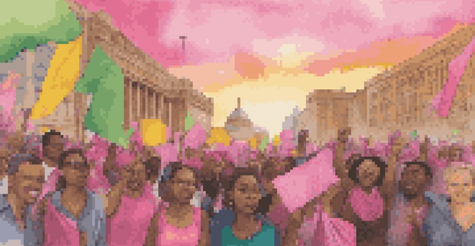 A lively political rally with diverse protesters holding colorful signs, set against a sunset cityscape.