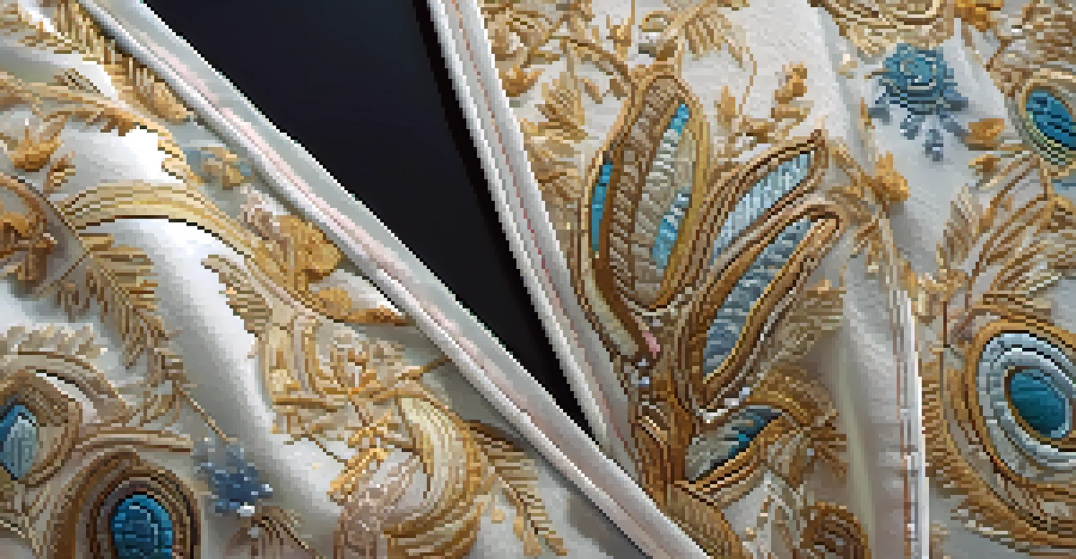 A close-up of a garment featuring intricate embroidery and digital prints, illuminated by natural light.