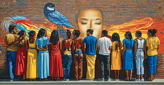 A colorful street art mural showing a diverse group of people united, with cultural symbols, on a brick wall under soft sunlight.