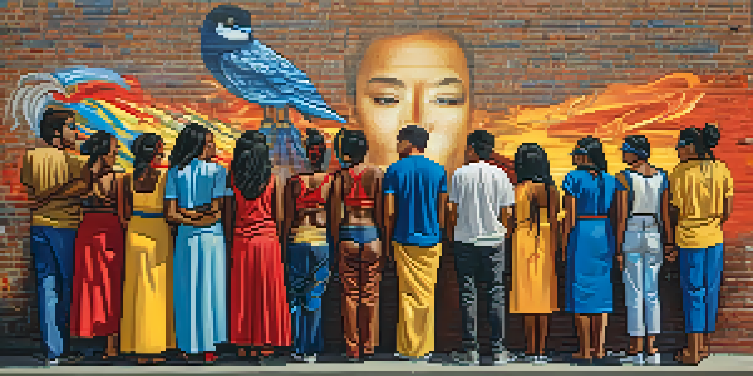 A colorful street art mural showing a diverse group of people united, with cultural symbols, on a brick wall under soft sunlight.
