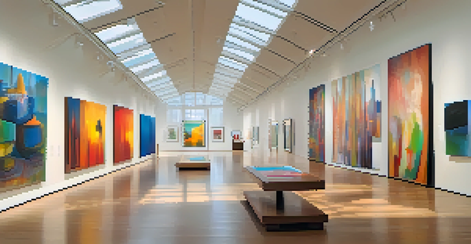 A lively contemporary art gallery with diverse artworks, natural light, and visitors discussing art.