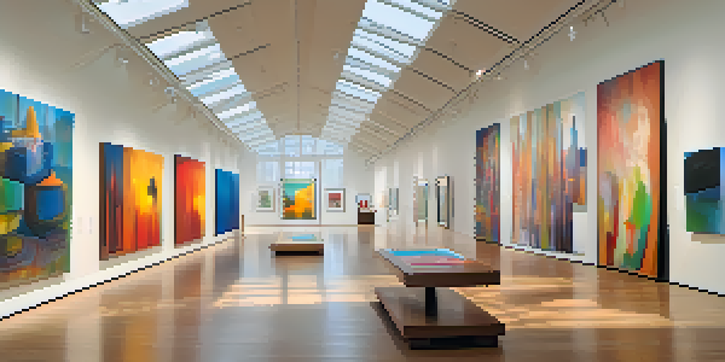 A lively contemporary art gallery with diverse artworks, natural light, and visitors discussing art.