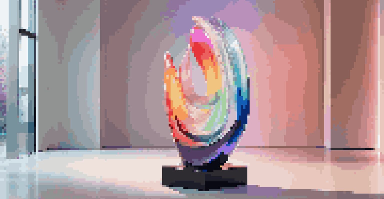 A glass sculpture reflecting colorful lights in a modern art gallery.