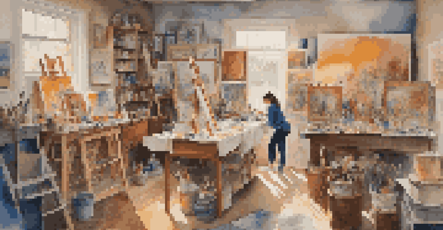 An artist's studio brimming with colorful artworks and a person painting on a large canvas, surrounded by art supplies.