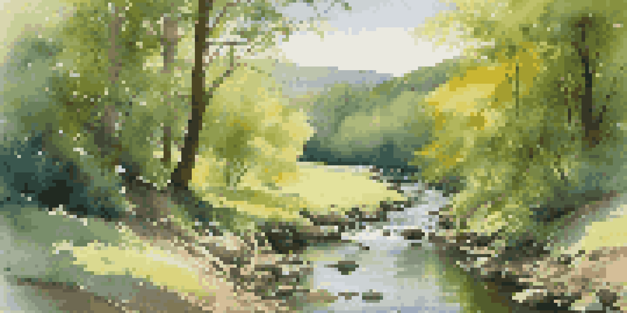 A peaceful forest scene with sunlight shining through trees and a stream flowing in the foreground.