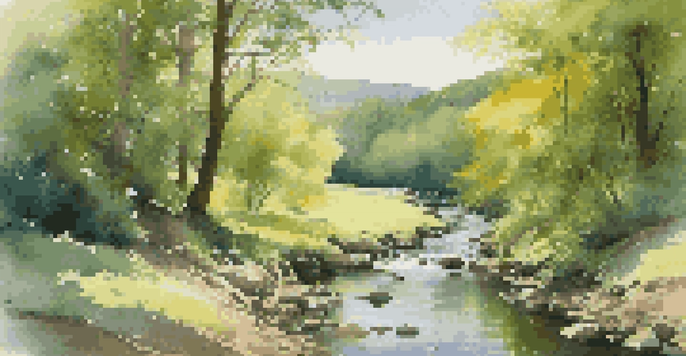 A peaceful forest scene with sunlight shining through trees and a stream flowing in the foreground.