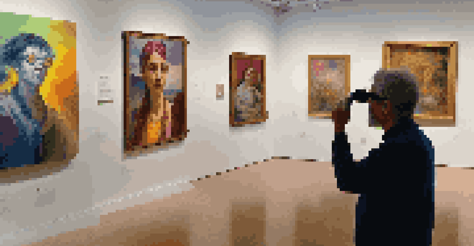An artist using augmented reality glasses to visualize a restored painting in a gallery.