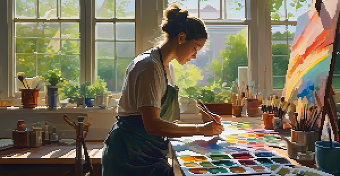 An artist working in a bright and inviting studio filled with colorful paintings and natural light.