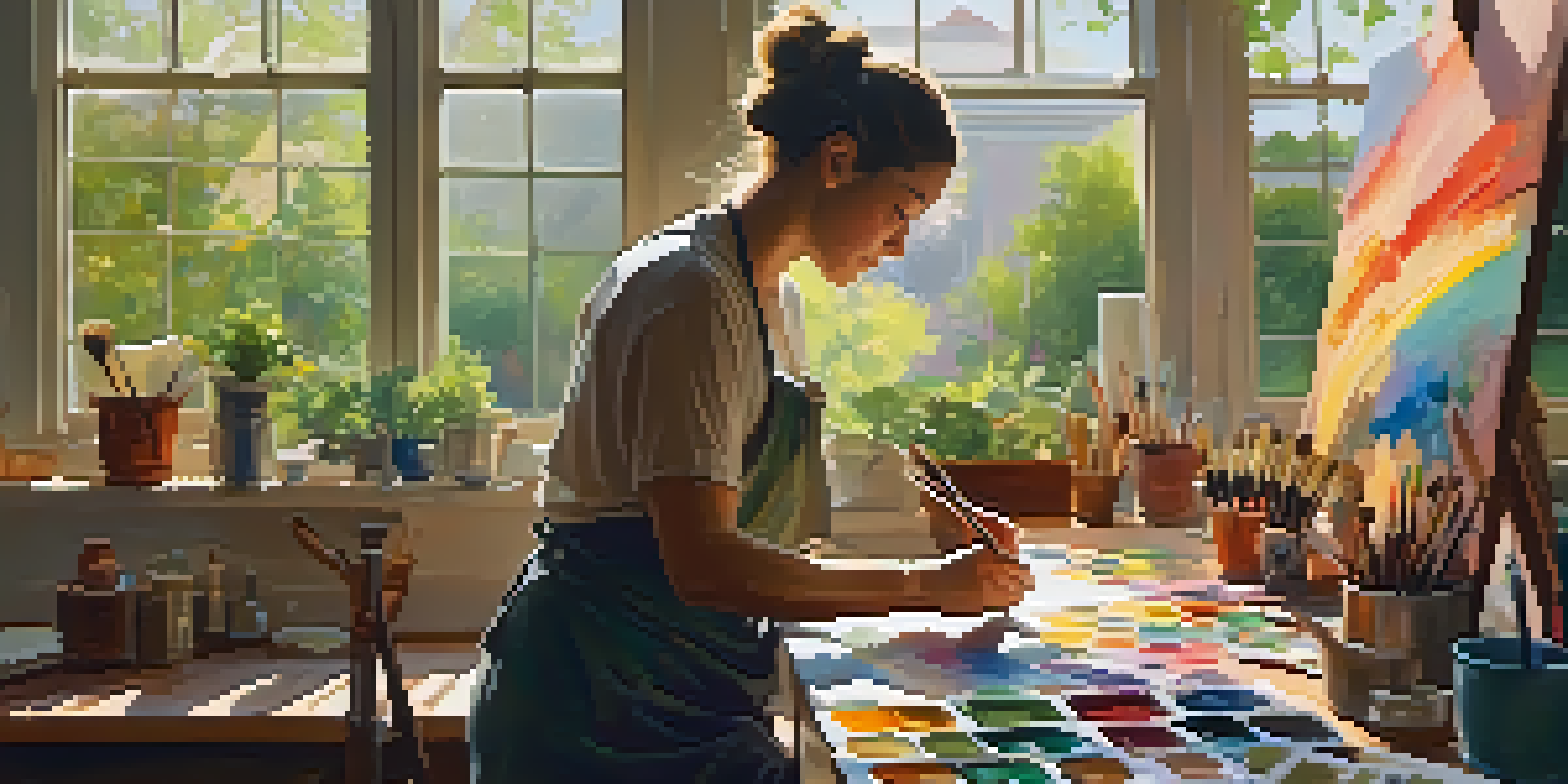 An artist working in a bright and inviting studio filled with colorful paintings and natural light.