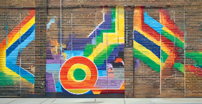 A colorful street mural representing various LGBTQ+ identities with abstract designs and pride symbols.