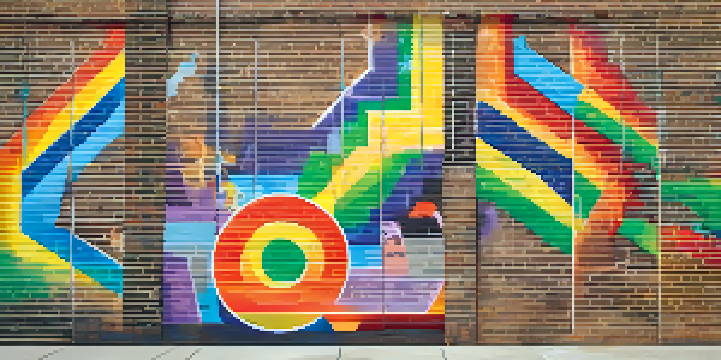 A colorful street mural representing various LGBTQ+ identities with abstract designs and pride symbols.