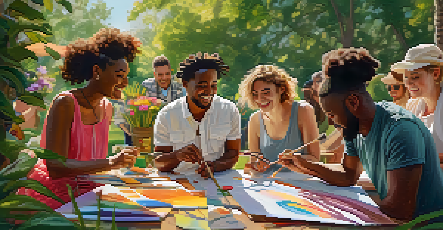 A diverse group of artists collaborating outdoors, playfully creating art with bright colors and tools among blooming flowers.