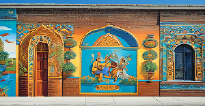 A colorful street mural on a brick wall depicting cultural symbols, instruments, and nature, against a blue sky.