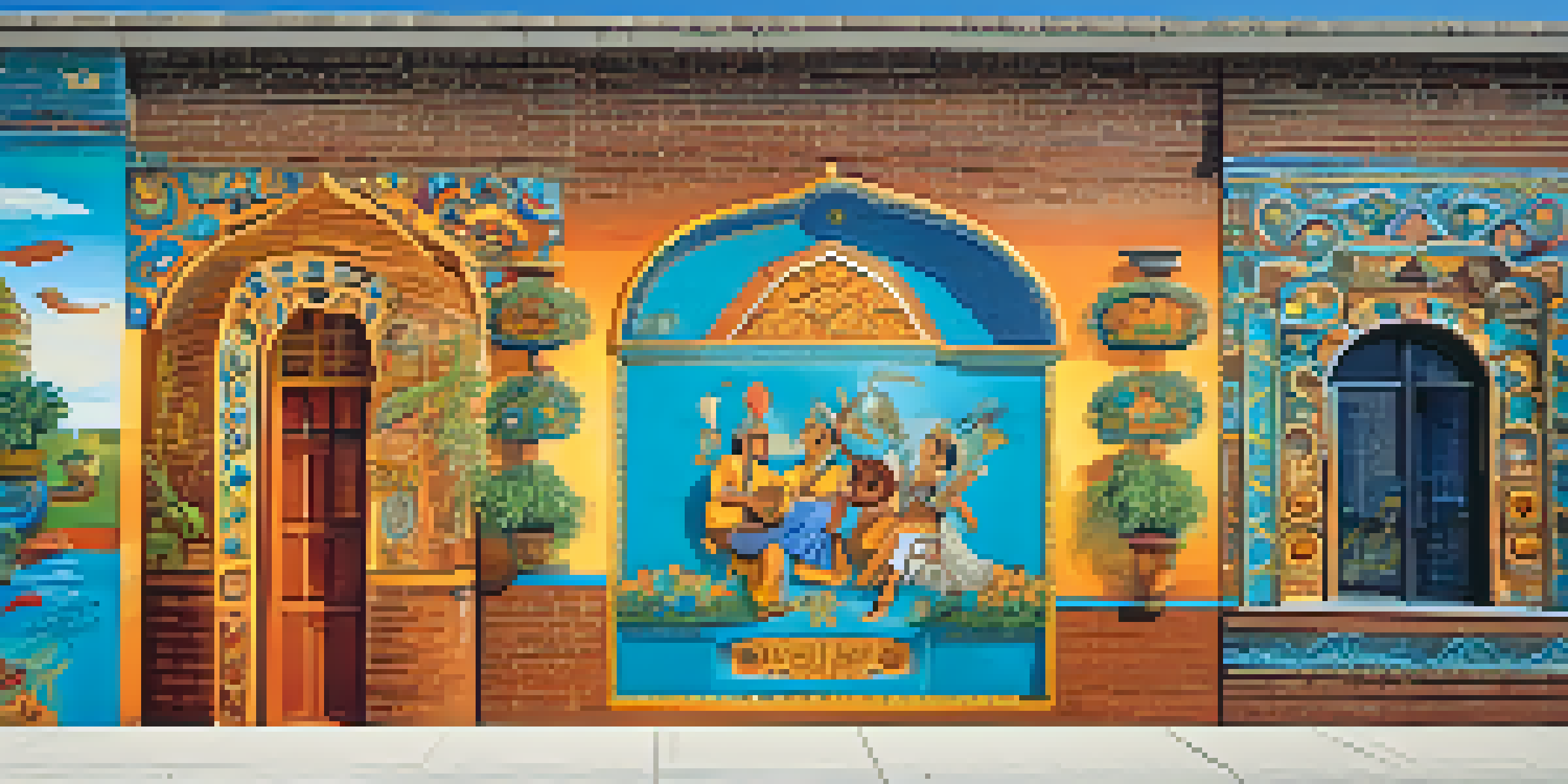 A colorful street mural on a brick wall depicting cultural symbols, instruments, and nature, against a blue sky.