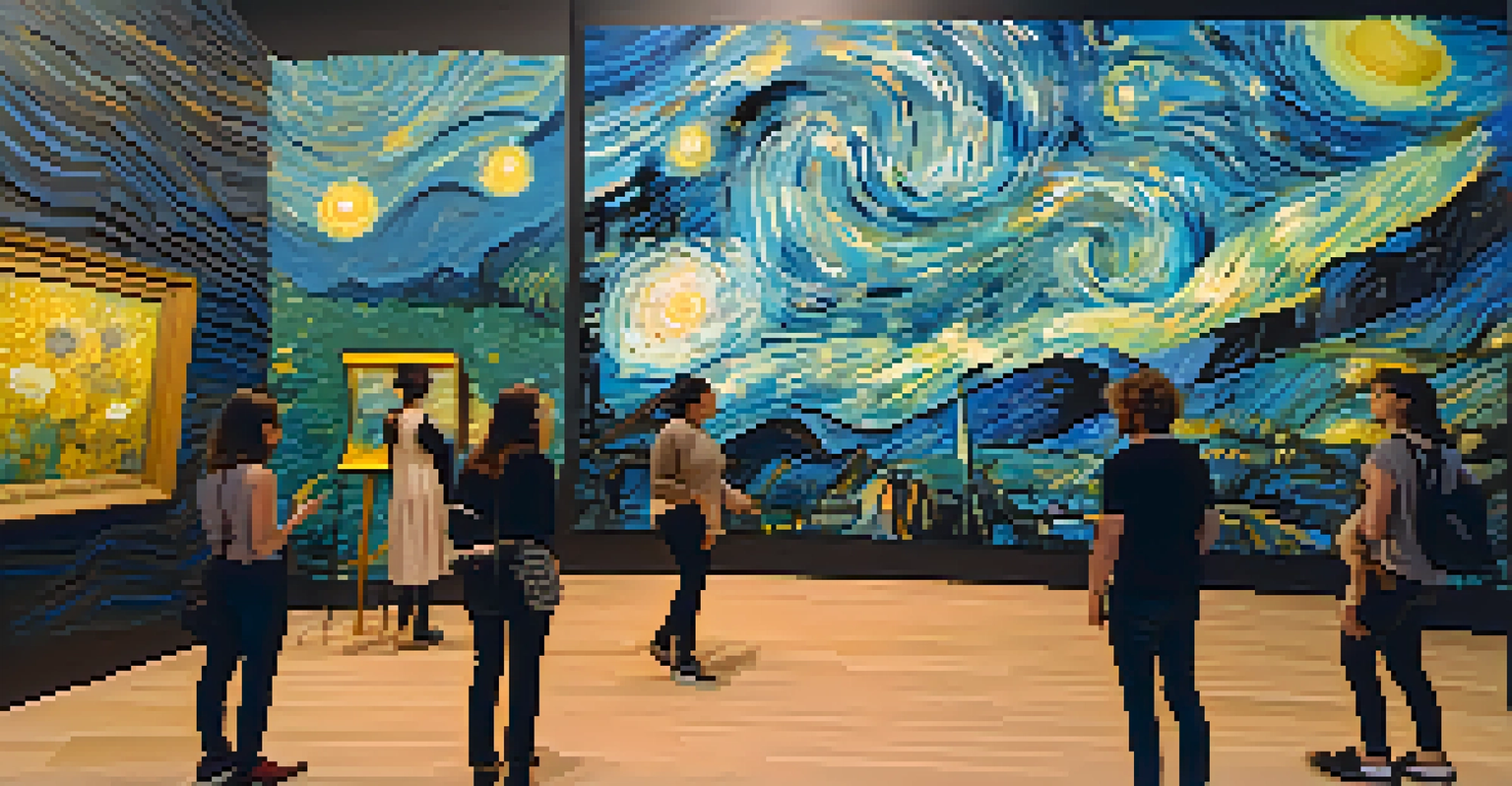 Users exploring a virtual reality experience of a famous painting, surrounded by swirling stars and vibrant colors.
