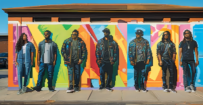 A colorful mural showing a diverse group of individuals united in solidarity, surrounded by vibrant graffiti art, illuminated by warm sunlight.