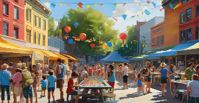 A lively outdoor art festival with colorful murals, children participating in an art workshop, and food stalls under warm sunlight.