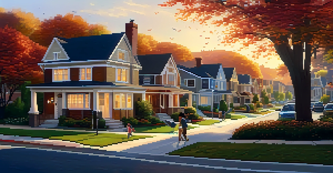 A sunset view of a suburban neighborhood with different architectural styles, trees with colorful leaves, and a family having a picnic in a park.