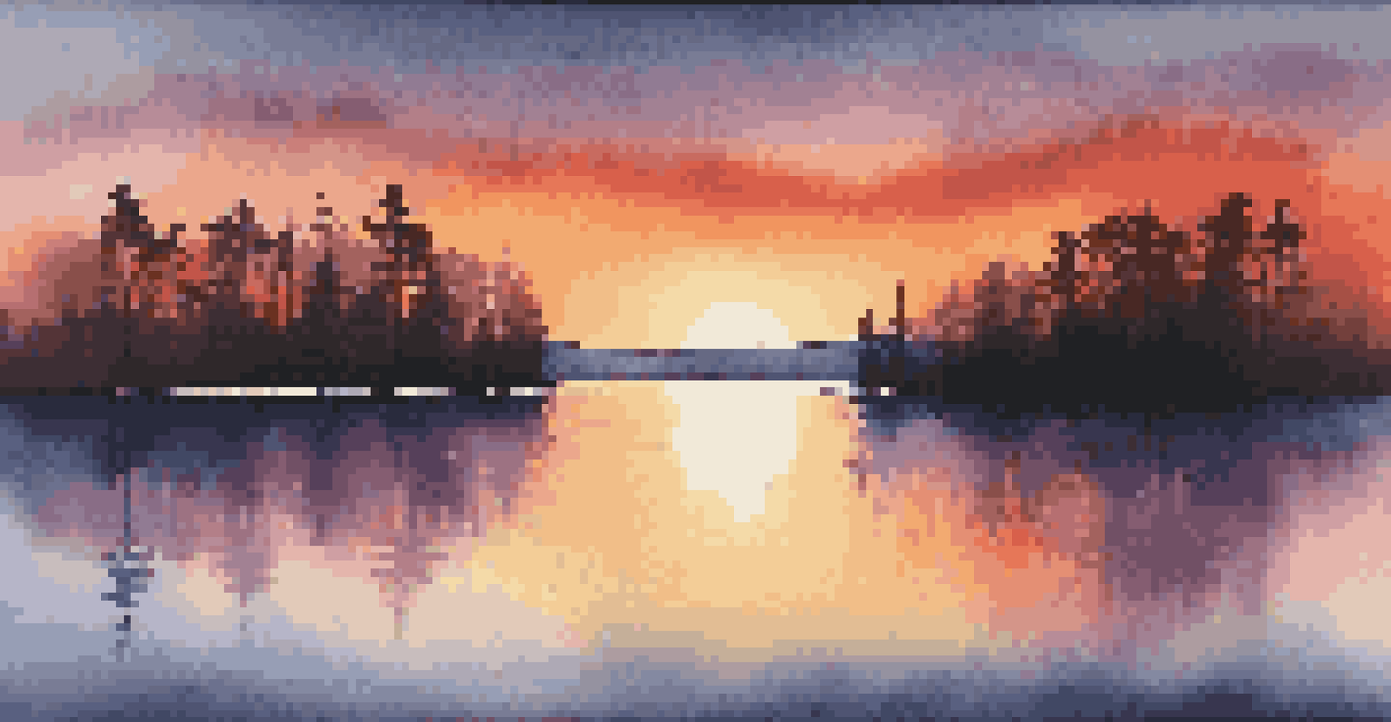 A beautiful sunset with a gradient of warm and cool colors reflecting on a calm lake, framed by silhouetted trees.