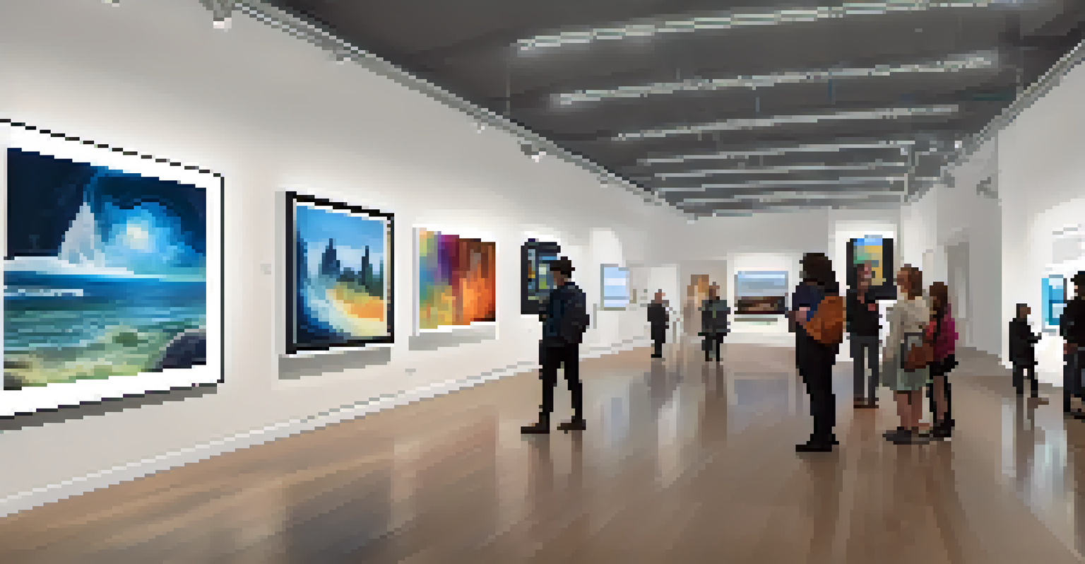 An accessible art gallery with visitors using assistive technology to explore digital art on large screens, in a bright and modern setting.