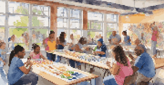 A lively community art space with diverse people of different ages and backgrounds painting a mural together, surrounded by colorful art supplies and bathed in natural sunlight.