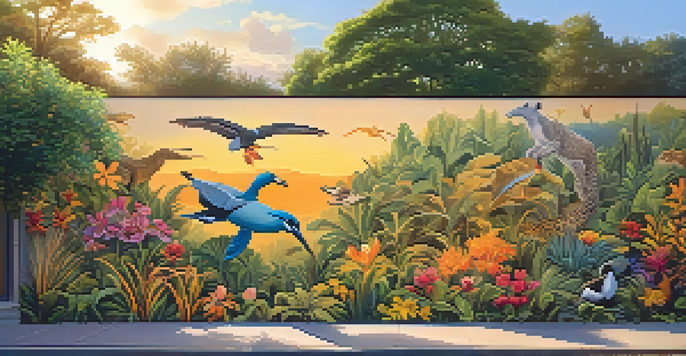 A colorful mural of endangered species surrounded by greenery, illuminated by sunset light.