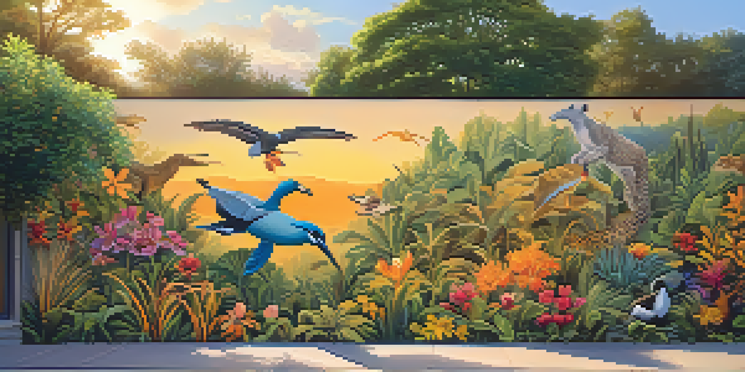A colorful mural of endangered species surrounded by greenery, illuminated by sunset light.