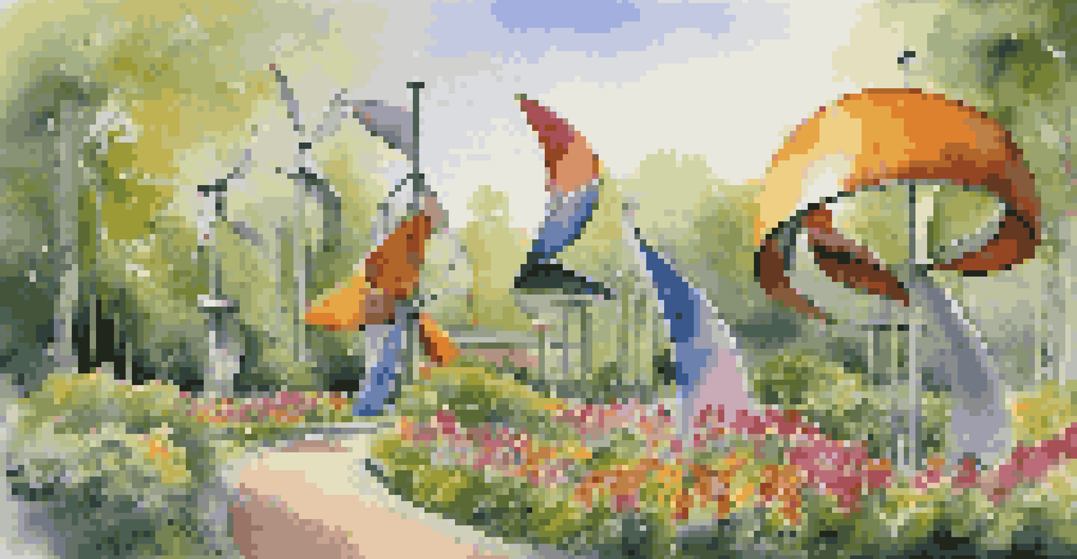 A garden filled with kinetic sculptures that move with the wind, surrounded by vibrant flowers and greenery.