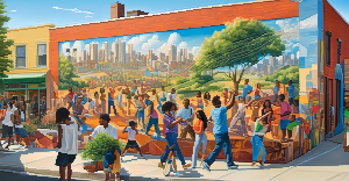 A sunny urban street with a colorful mural showing a diverse community engaged in various art activities.
