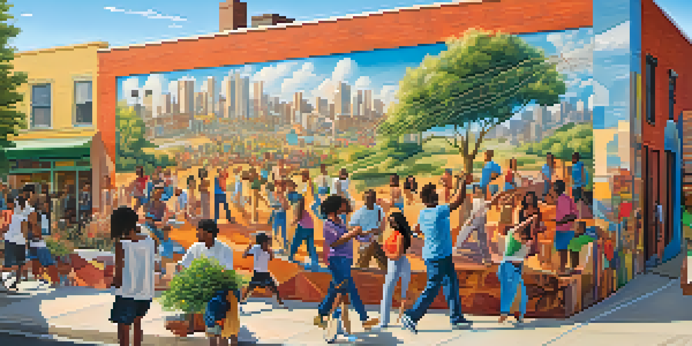 A sunny urban street with a colorful mural showing a diverse community engaged in various art activities.