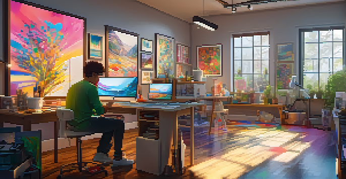 A digital art studio with an artist working on a computer, surrounded by colorful artworks and art supplies, illuminated by sunlight from large windows.