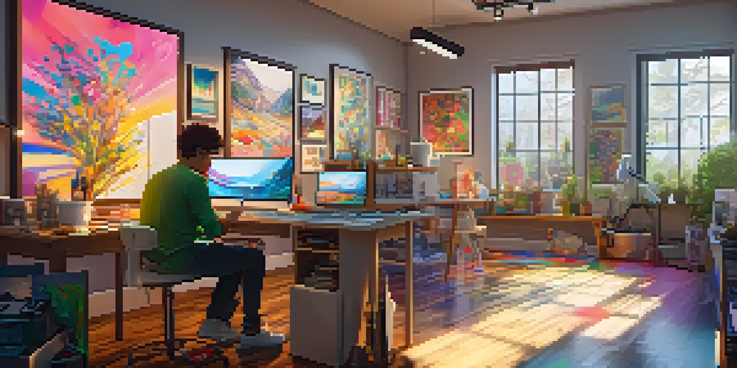 A digital art studio with an artist working on a computer, surrounded by colorful artworks and art supplies, illuminated by sunlight from large windows.