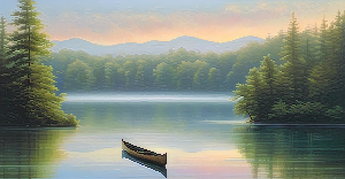 A peaceful lakeside landscape at sunrise, with a canoe floating and mist rising from the water.