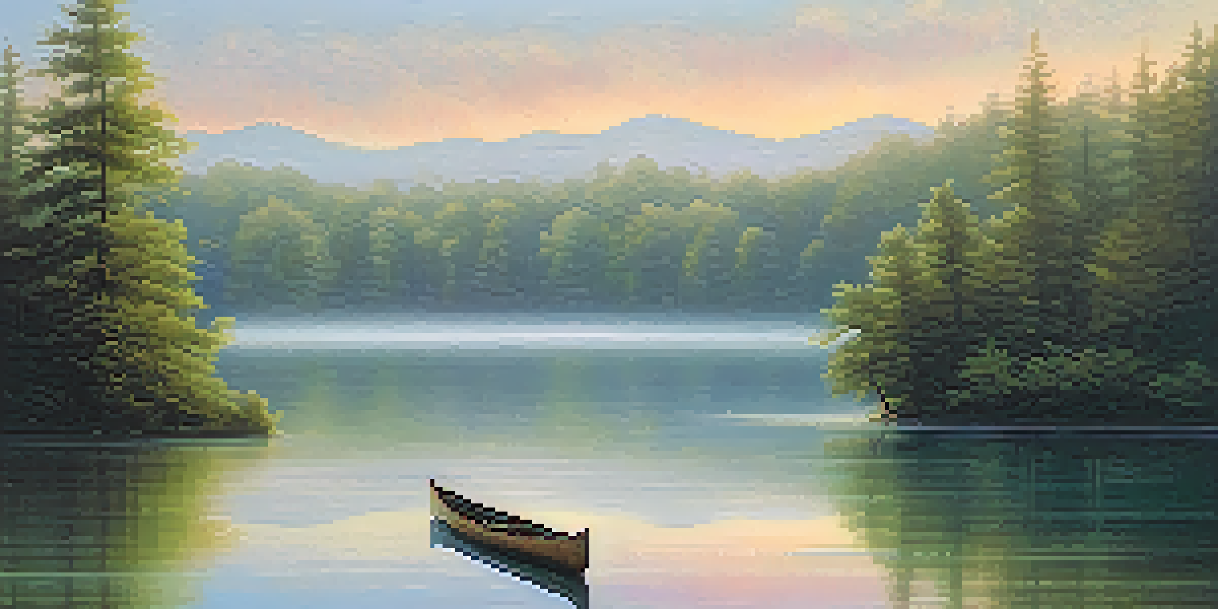 A peaceful lakeside landscape at sunrise, with a canoe floating and mist rising from the water.