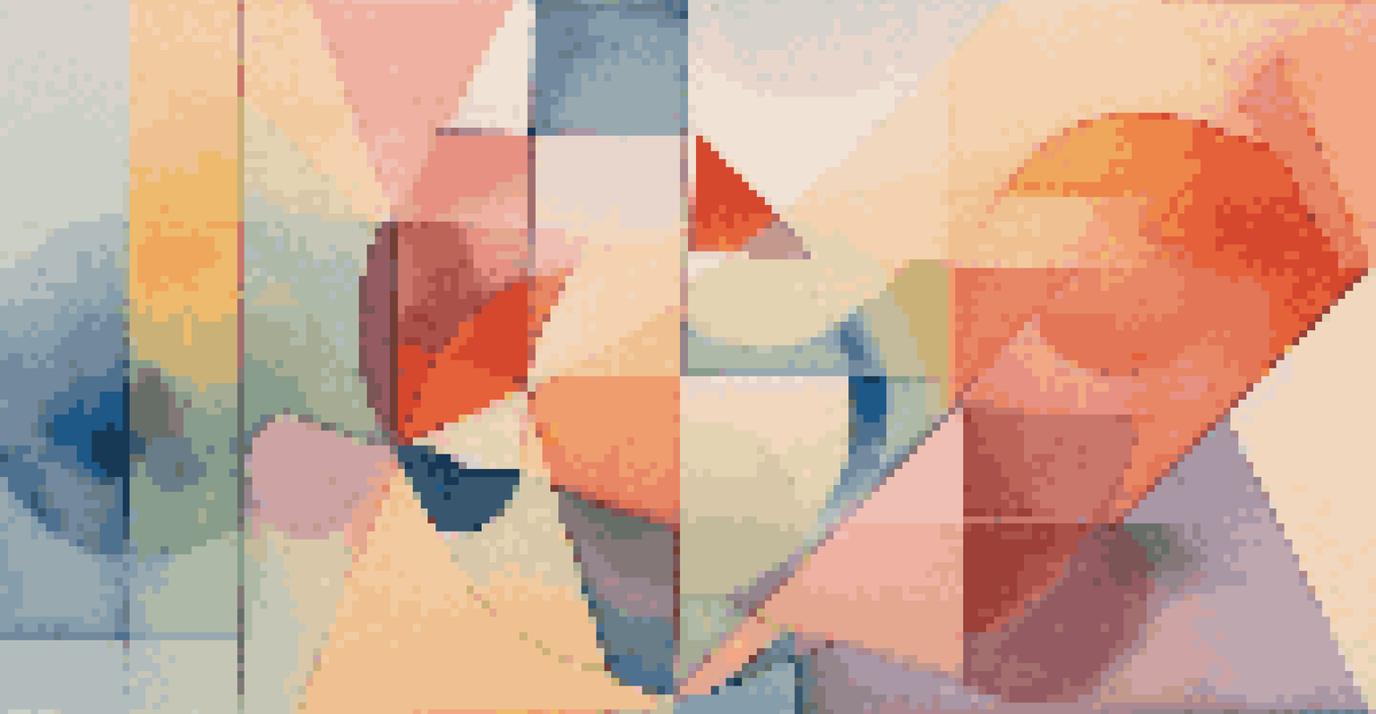 An abstract artwork featuring colorful geometric shapes against a pastel gradient background.
