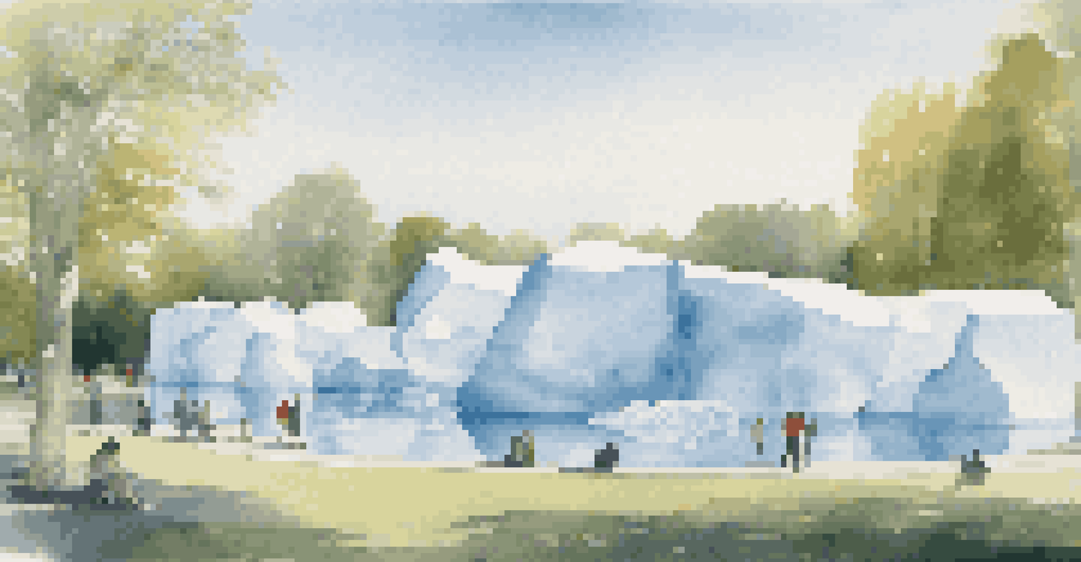 A public art installation depicting melting icebergs in a natural landscape, with people observing the artwork under soft afternoon light.