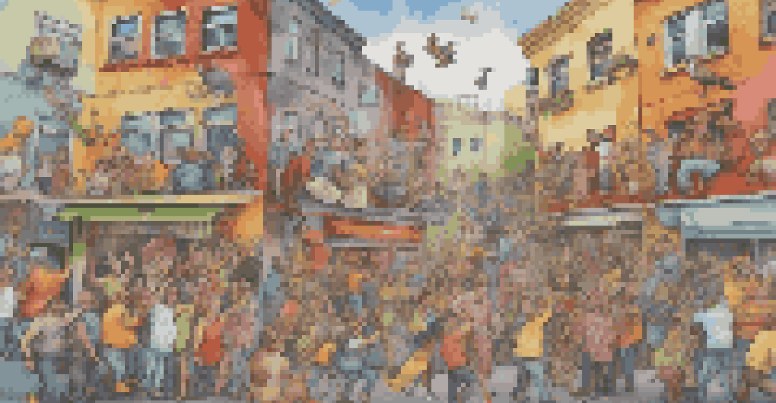 A colorful and humorous street mural with whimsical characters, surrounded by a joyful crowd of people laughing and taking pictures.