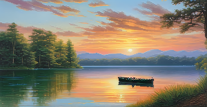 A tranquil lake at sunset with lush greenery and a small rowboat, reflecting the colors of the sky.