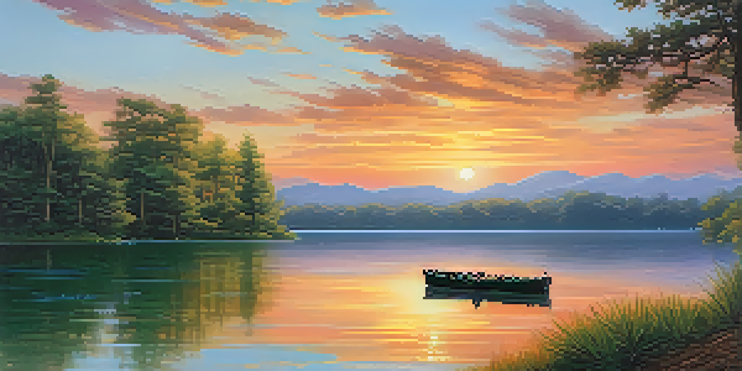 A tranquil lake at sunset with lush greenery and a small rowboat, reflecting the colors of the sky.