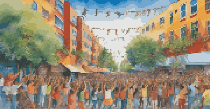 A lively mural showcasing diverse artists working together in an urban environment, symbolizing unity and cultural collaboration.