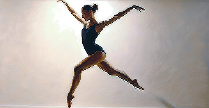 A dancer in mid-leap, gracefully posed with warm lighting creating soft shadows.