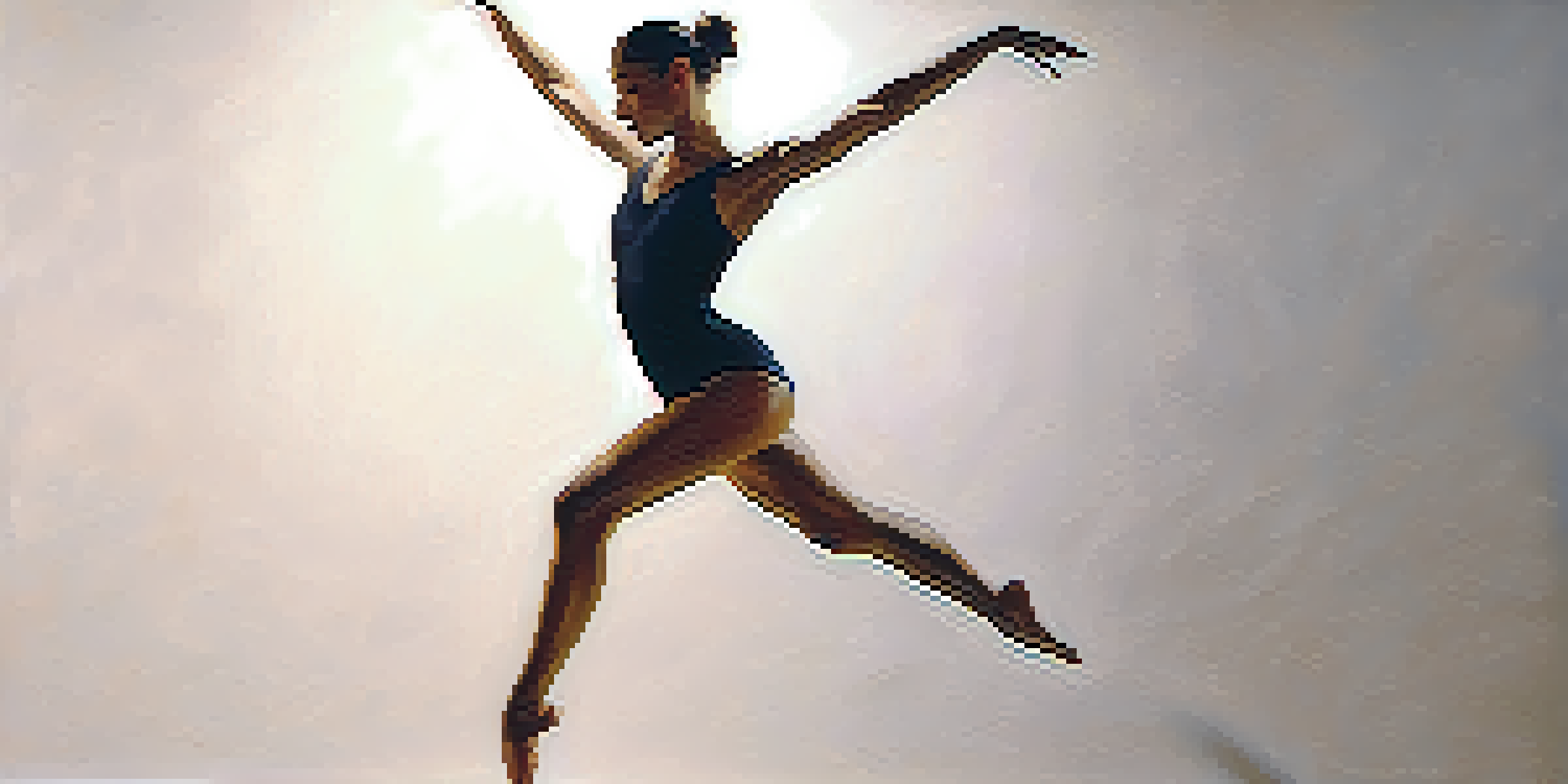 A dancer in mid-leap, gracefully posed with warm lighting creating soft shadows.