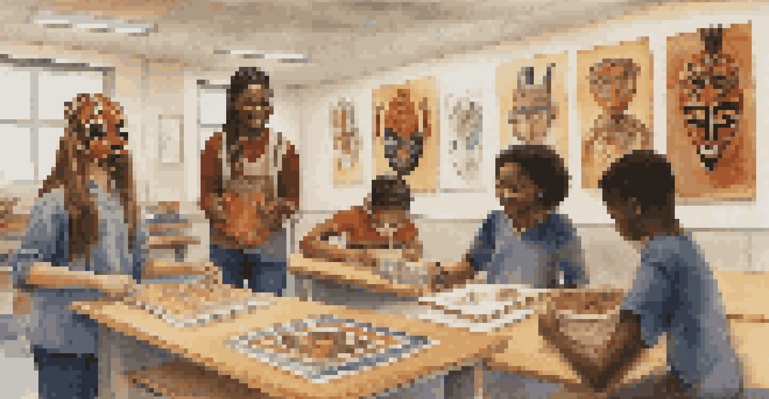 An art teacher assisting students in a colorful classroom, showcasing African masks and textiles while students create their own art inspired by these cultural pieces.