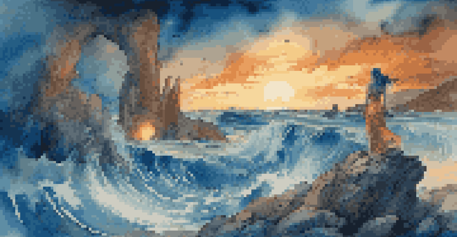 A digital artwork of Circe standing on a rocky shore surrounded by magical energies and transformed creatures.