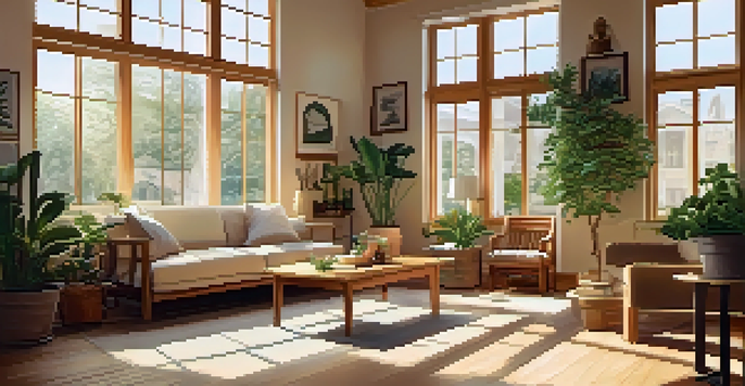 A sunlit room with large windows, warm wooden furniture, and potted plants creating a cozy atmosphere.