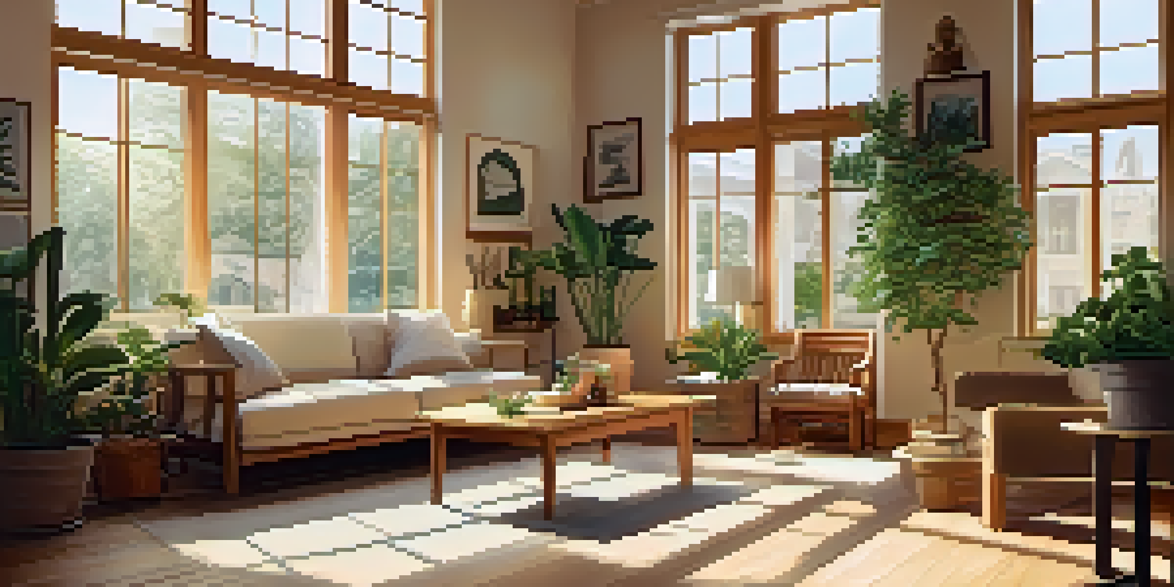 A sunlit room with large windows, warm wooden furniture, and potted plants creating a cozy atmosphere.