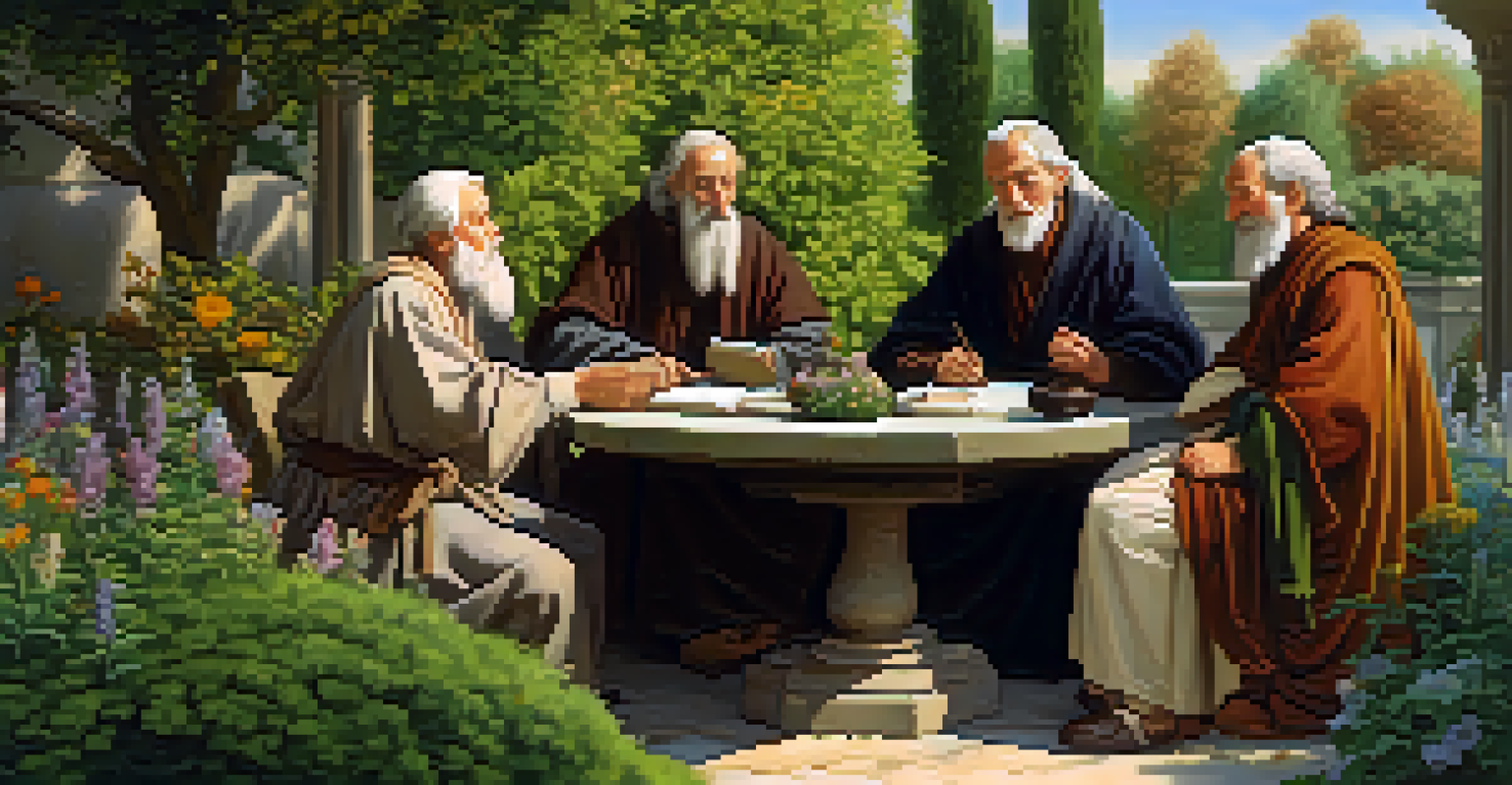 A group of elderly philosophers discussing in a sunny garden, surrounded by flowers and greenery, showing expressions of thoughtfulness.